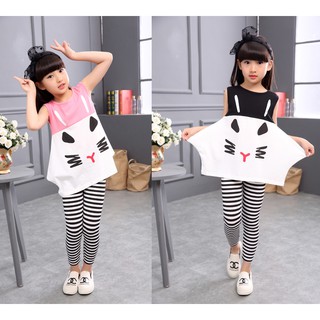 (2-7ปี) ชุดเสื้อแขนกุดหน้ากระต่าย+เลกกิ้งลายริ้ว
