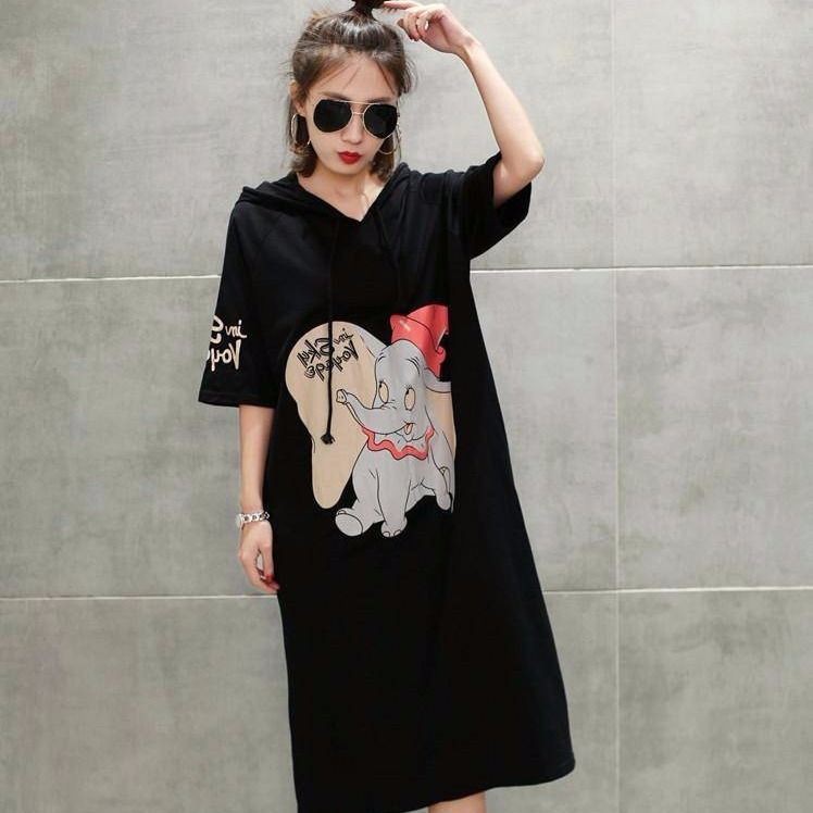 4XL ชุดคลุมท้องแฟชั่น เดรสพลัสไซส์เสื้อยืดยาวปานกลางชุดดำชุดคลุมท้องแฟชั่นน่ารัก