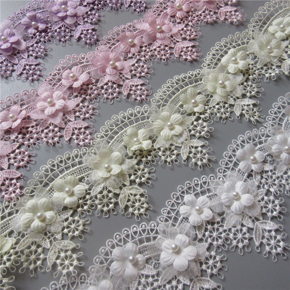 1 หลา 7 ซม.ที่ละลายน้ําได้ Grape Blossom Pearl Lace Trim เย็บปักถักร้อยผ้าชุดแต่งงาน Handmade Patchwork Sewin ริบบิ้น