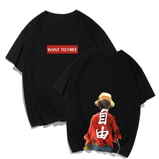 ใหม่ เสื้อยืดแขนสั้น ผ้าฝ้ายแท้ พิมพ์ลายอนิเมะ One Piece Luffy Street Wear ทรงหลวม สไตล์ฮ่องกง สําหรับผู้ชาย 230 กรัม 01