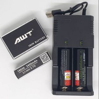 ถ่านชาร์จ AWT18650 3400mAh 2ก้อน+เครื่องชาร์จ2ช่อง G2USB