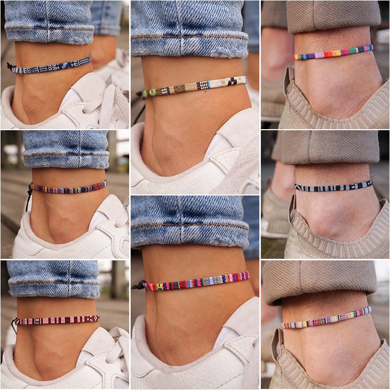 นักท่องเว็บ สร้อยข้อเท้าชายหาดสําหรับผู้หญิงและผู้ชาย Boho Ethno ผ้าฝ้ายทอเชือกข้อเท้าสร้อยข้อมือ Handmade กันน้ําฤดูร้อนเครื่องประดับ