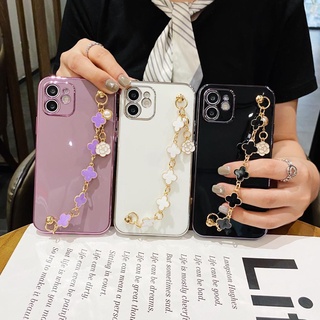 Jiehui เคสโทรศัพท์มือถือ TPU ชุบไฟฟ้า ลายใบโคลเวอร์สี่แฉก สีมาการอง พร้อมสายโซ่คล้อง สําหรับ iPhone 13 12 11 Pro Max X XS XR Plus