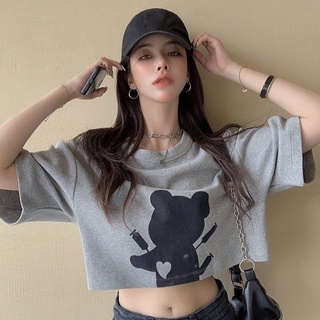 J &amp; M ready stock Women crop top high waist bear pattern printing Korean style top half sleeve top