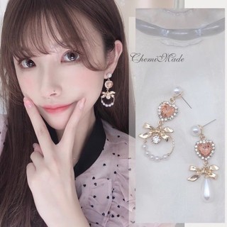 (พร้อมส่ง) ต่างหูหัวใจคริสตัลประดับมุก