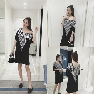 🔥ราคาถูกที่สุด🔥ชุดเดรสสั้น คอวีแต่งลายทางหน้าหลังเก๋ๆ มีกระเป๋าข้าง ใส่ทำงานได้
