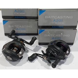 รอกหยดน้ำ ashino baitcasting A 200/ 201 หมุนซ้าย/ขวา ลูกปืน 4+1 bb.สปูนขอบม่วงและสีทอง