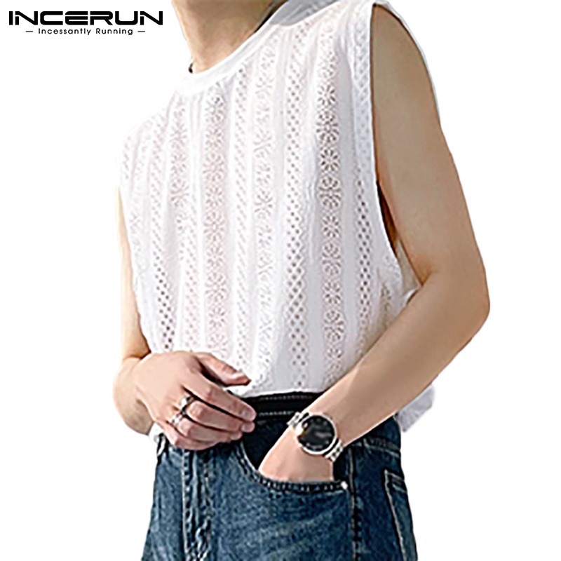 Incerun เสื้อกล้าม คอกลม แขนกุด พิมพ์ลายลูกไม้ ซีทรู ทรงหลวม แฟชั่น สําหรับผู้ชาย