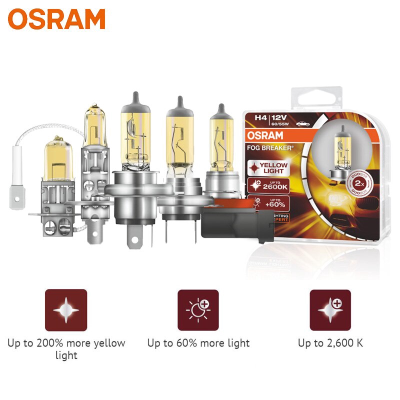 OSRAM H1 H3 H4 H7 H8 H11 H16 9005 9006 HB3 HB4 สีเหลือง FBR ฮาโลเจน Fog Breaker 12V ไฟหน้ารถ 2600K Light + 60% Brighter, คู่