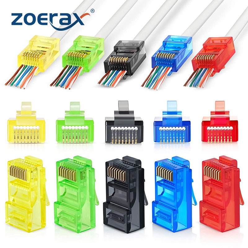 ZoeRax RJ45 CAT6 Pass-Through Connectors หลายสี EZ ถึง Crimp Modular ปลั๊กสําหรับ Solid หรือ Strande