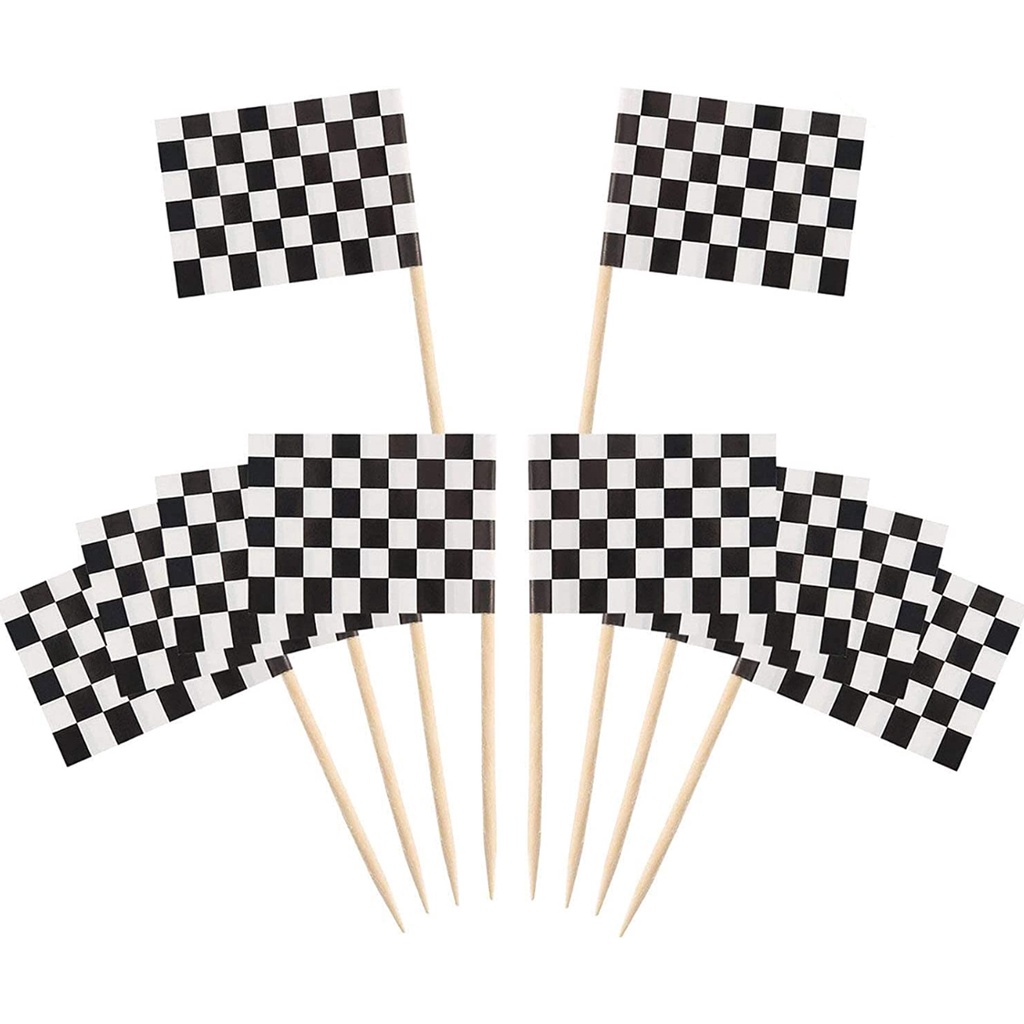 24 แพ็ค Checkered Racing ธงไม้จิ้มฟัน Cupcake Sticks ไม้จิ้มฟันธงอาหารค่ําธง Racing Cupcakes ตกแต่ง Decor Party Supplies