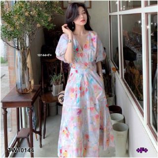 👗แม็กซี่เดรสลายกราฟฟิกดอกไม้แขนพอง👗