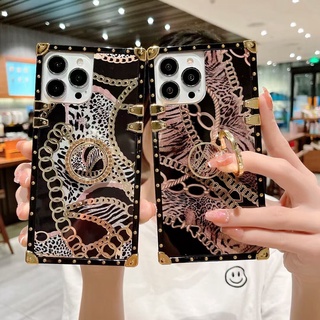 For Xiaomi Mi POCO M4 M3 X3 NFC Redmi 9A 9C 9T 10 10C 10A Note8 Note9 Note10 Note11 Pro Note9S Note10S Note11S Fashion Chain Leopard Print Square Phone Case With Bracket