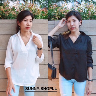 🔆Sunny🔆𝙂𝙡𝙤𝙨𝙨𝙮 𝙎𝙝𝙞𝙧𝙩𝙨✨เสื้อเชิ้ตคอวีแขนยาว ผ้าไหมจีนเงาสวย เนื้อนุ่มมากกก การันตีเนื้อผ้า‼️