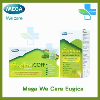 Mega We Care Eugica ผลิตภัณฑ์ทำความสะอาดดูแลช่องปากและลำคอ  (ลูกอม 8 เม็ด 1 แผง,สเปรย์ 10 มล. 1 ขวด)