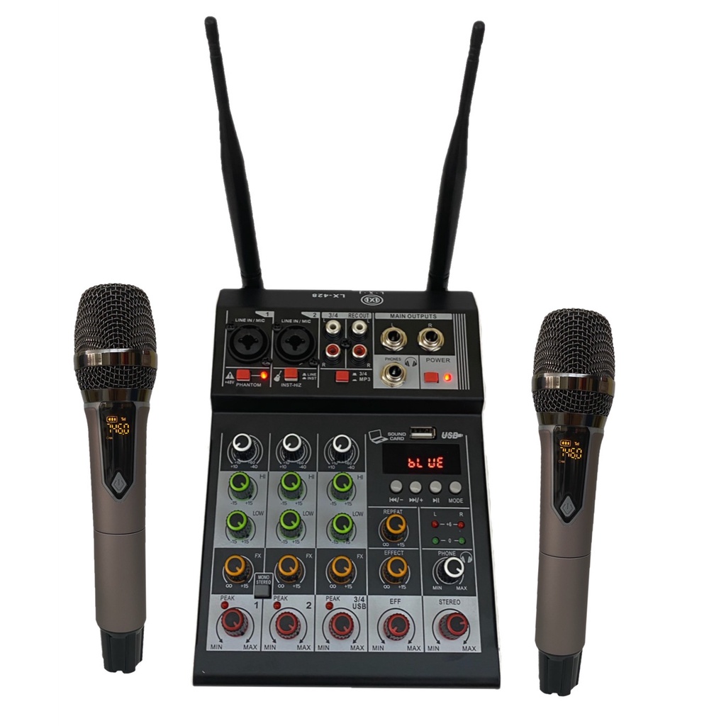 LXJ LX-428 มิกซ์+ไมค์ลอย คอนโซลเครื่องผสมสัญญาณเสียง ช่องพร้อมเสียงไมโครโฟนไร้สายผสมกับมิกเซอร์ Bluetooth USB มี2ระบบAC2