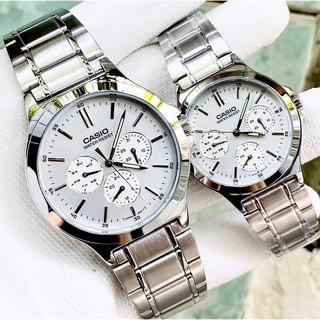 นาฬิกาคู่รัก Casio รุ่น MTP-V300D-7A ,LTP-V300D-7A นาฬิกาสายแสตนเลส หน้าปัดขาวสุดหรู ของแท้ 100% รับประกันสินค้า 1 ปี