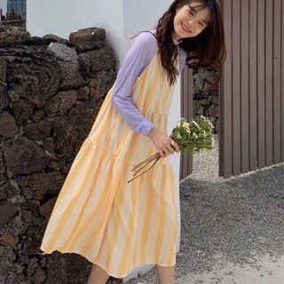 🍋 Lemon striped dress ชุดเดรสยาวสายเดี่ยวสีเหลือง เนื้อผ้าชิฟฟ่อนผสม 🌈