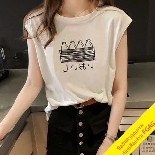 เสื้อยืดแขนกุดผู้หญิง Oversize เสื้อผ้าแฟชั่นวัยรุ่นน่ารัก สไตล์เกาหลี ลายสตรีท สวมใส่สบาย สีขาว M-XXL