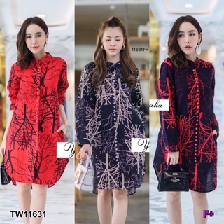 ME11631 Dress เดรสเชิ้ตคอจีน แขนยาว กระดุมหน้า เนื้ผผ้าฝ้ายลายต้นไม้ มีกระเป๋าข้าง ใส่สบายไม่ร้อน พร้อมส่งค่ะ