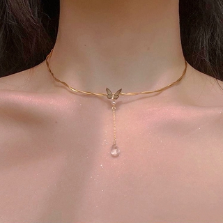 Gold Butterfly Tassel Choker Necklaces Crystal Waterdrop Pendant Twist Clavicle Necklaces