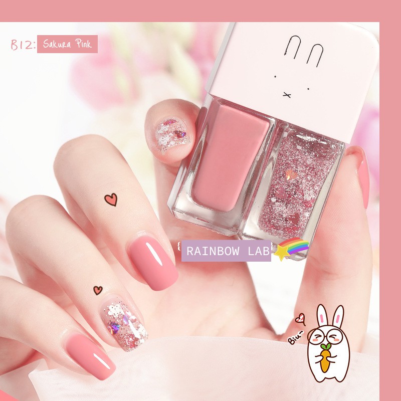 พร้อมส่ง สีทาเล็บ แพ็คคู่ ได้ 2 สี 2in1 ยาทาเล็บ ไม่อบ ไม่ต้องอบ