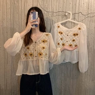 Cicishop(พร้อมส่ง)NEW IN เสื้อครอปผ้าถักงานปักดอกทานตะวันชายเสื้อซีทรูตะมุตะมิน่ารักมากๆ(A19/A199)