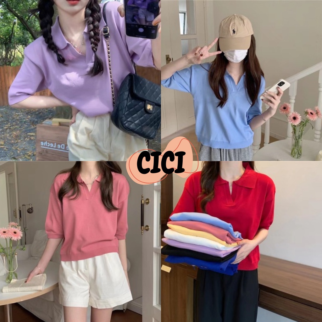 ส่งทันที Cici(NO. C531)เสื้อแขนสั้นไหมพรม คอโปโล สีพื้น ผ้านิ่มใส่สบาย  ดีไซน์เรียบๆ  ทรงสวย สีสันสวย