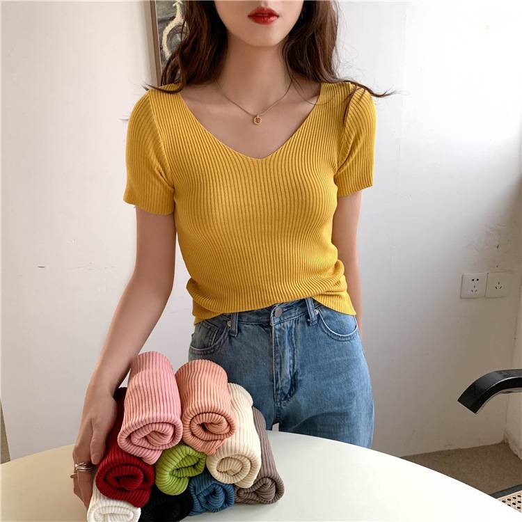 ไหมพรมคอวี 22สี เสื้อยืดคอวีสีพื้น ผ้าไหมพรม Free Size เสื้อยืดผู้หญิง-9966
