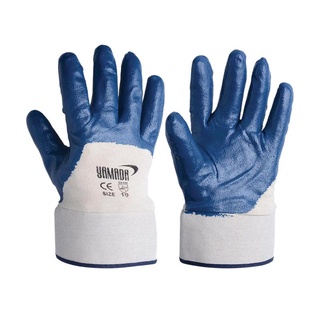 ถุงมือผ้าฝ้ายเคลือบยางไนโตร 10 นิ้ว สีน้ำเงิน-ขาว YAMADA 10502 ถุงมือยาง Cotton Gloves Nitro Rubber Coated 10 Fingers Bl