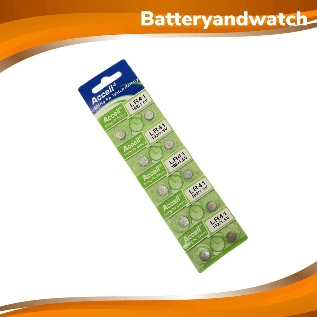ถ่านกระดุม Accell LR41 , AG3 , L736C , 192 , V3GA , 392A  0% Hg Pb Battery 1.5V  แพ็ค 10 เม็ด