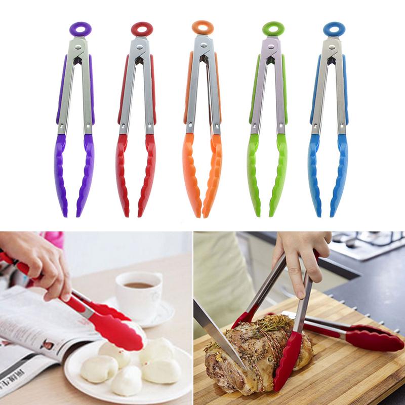 YH ✿✿ Silicone Cooking Food Serving BBQ Tongs Stainless Steel Handle Utensil Kitchen Tools