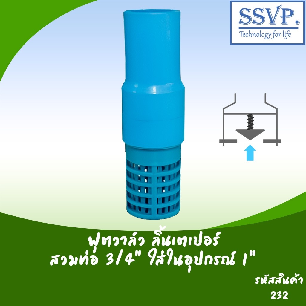 รหัส 232 ฟุตวาล์วสวมท่อและอุปกรณ์ ลิ้นเตเปอร์ (ลงบ่อบาดาล 2" ) สวมทับท่อขนาด 3/4 " สวมในอุปกรณ์ 1 "