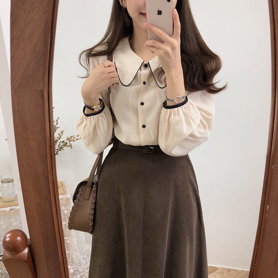 เสื้อเชิ้ตสไตล์เกาหลีผู้หญิง แขนยาว สีขาว