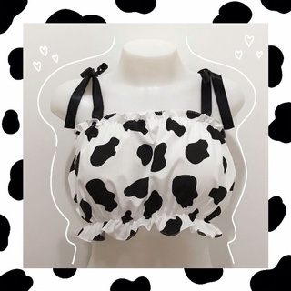 [พร้อมส่ง] สายเดี่ยวลายวัวอกยางยืด ผูกโบว์ตรงไหล่ ใส่สบาย