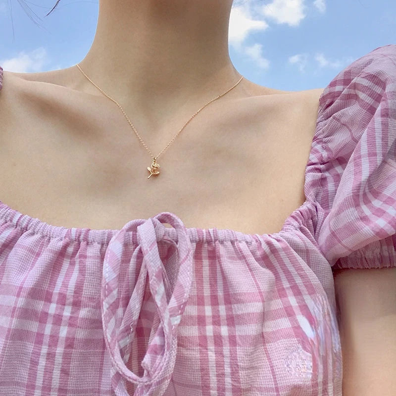 สร้อยคอ จี้ดอกกุหลาบ สีทอง สไตล์เกาหลี สําหรับผู้หญิง