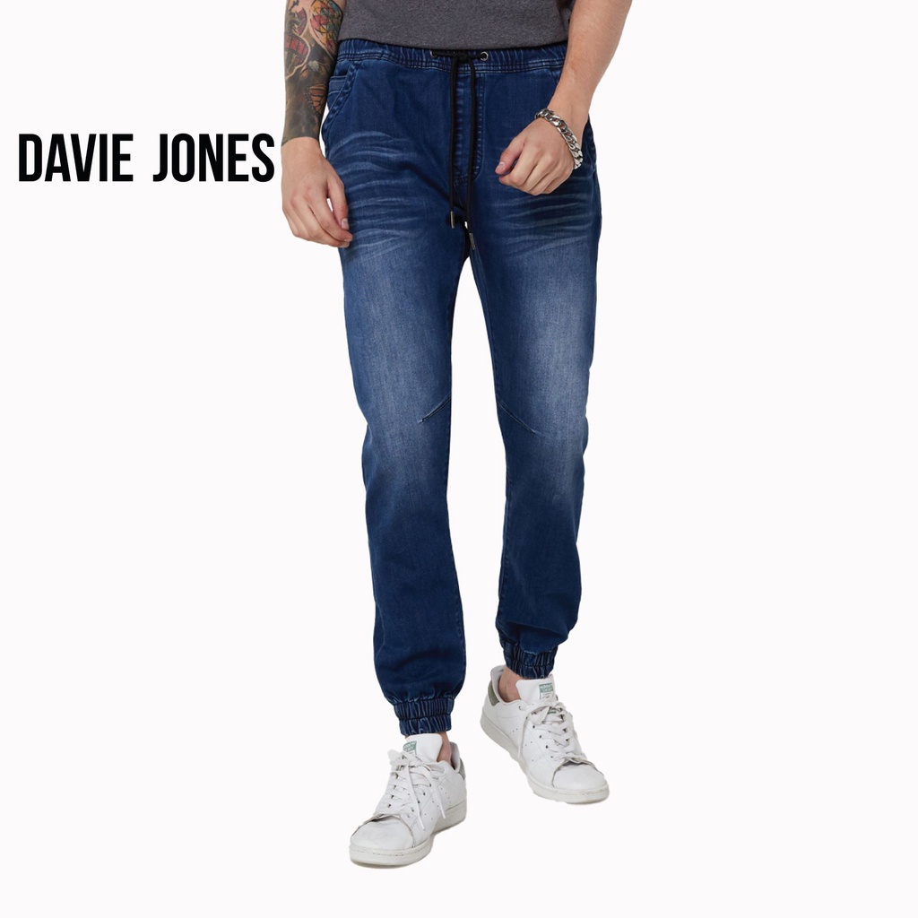 DAVIE JONES กางเกงจ็อกเกอร์ ยีนส์ เอวยางยืด สีฟ้า สีกรม Drawstring Denim Joggers in light blue navy DN0012MN NV #4