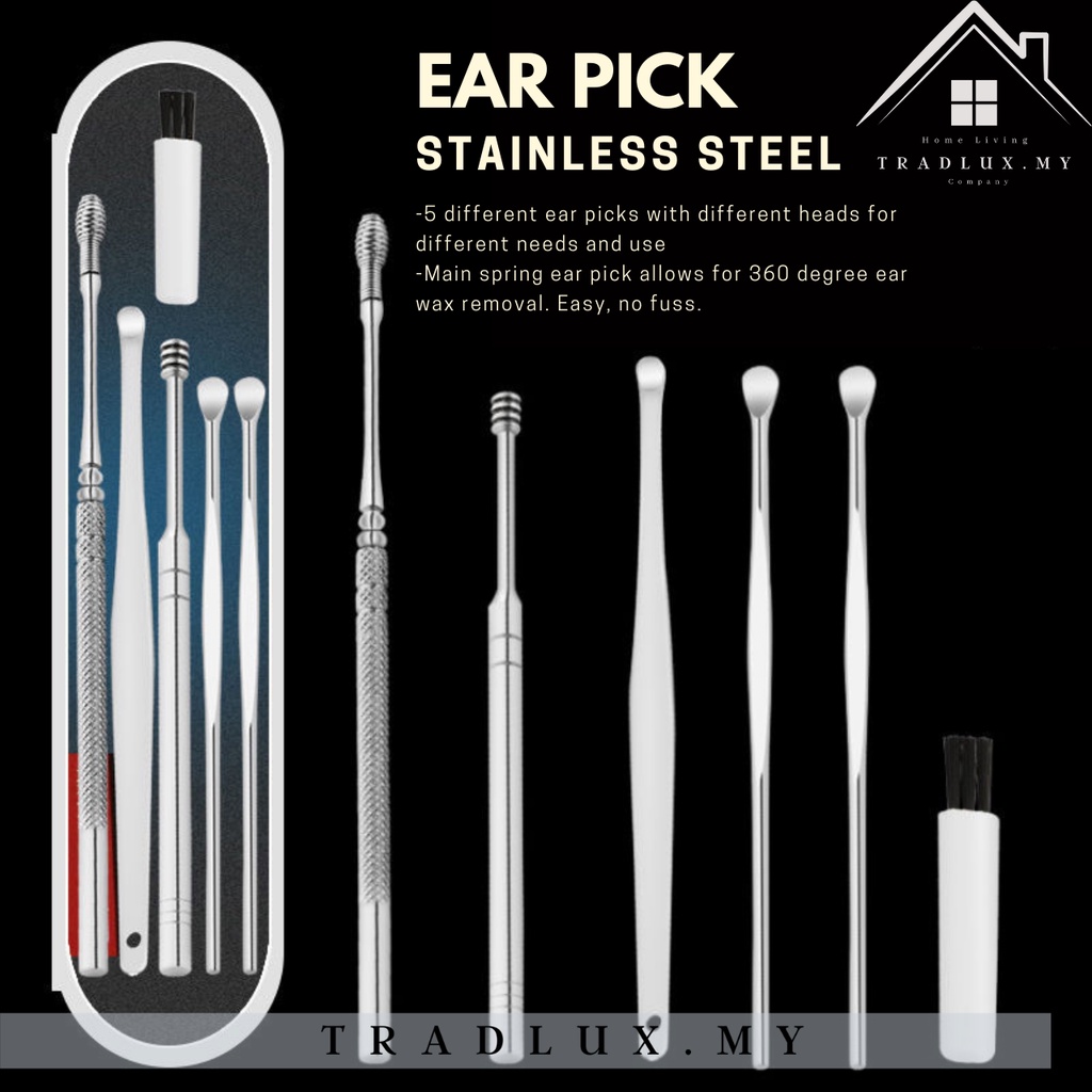 Tradlux Ear Cleaning Tool Ear Pick 6 pcs set Earpick Curette EarWax Remover Stainless Steel /Ear Pic
