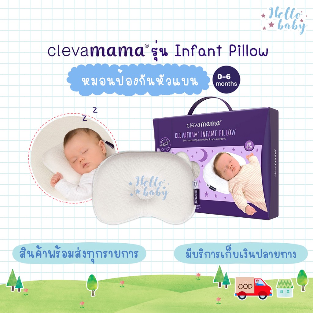 💙ส่งของทุกวันไม่มีวันหยุด💙Clevamama รุ่น Infant Pillow(0-6 เดือน) หมอนกันหัวแบน หมอนหลุม หมอนหัวทุย