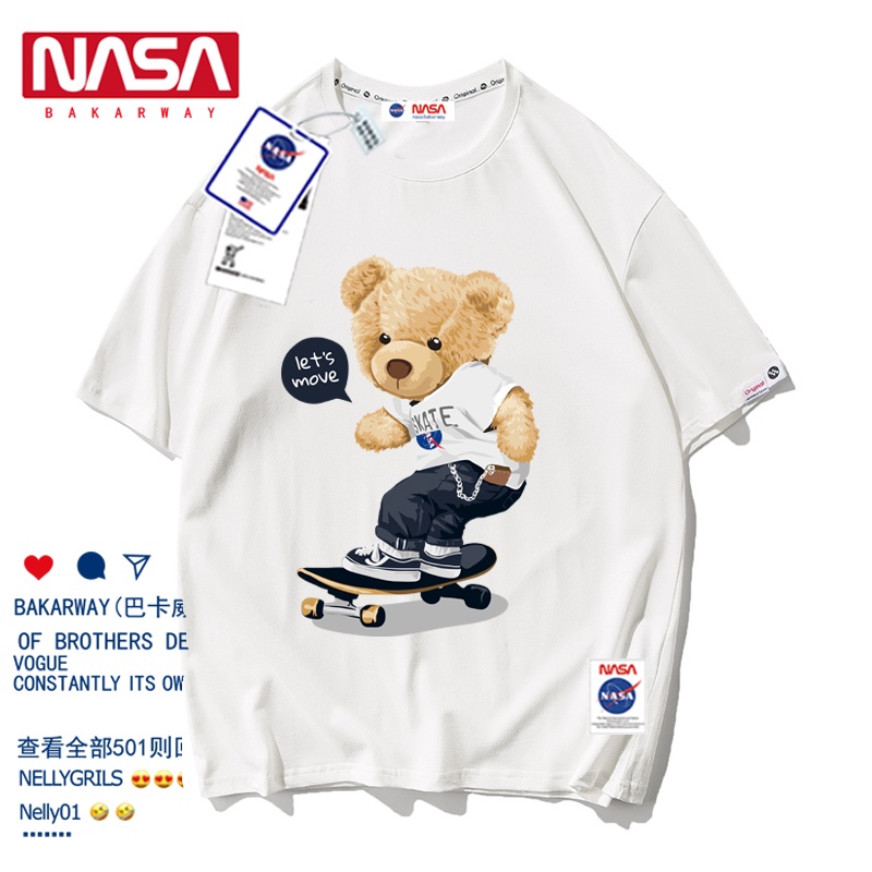 เสื้อยืดแขนสั้น ผ้าฝ้าย พิมพ์ลายการ์ตูนนักบินอวกาศ Nasa ทรงหลวม ขนาดใหญ่พิเศษ สีขาว แฟชั่นฤดูร้อน