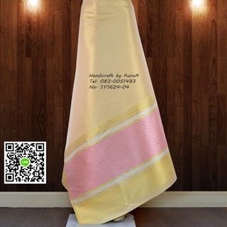 KunsA ผ้าไหม ประดิษฐ์ พุมเรียง Phumriang Synthetic Silk Fabric ทอมือ ลายไทย ผ้าถุงลายไทย สีทอง