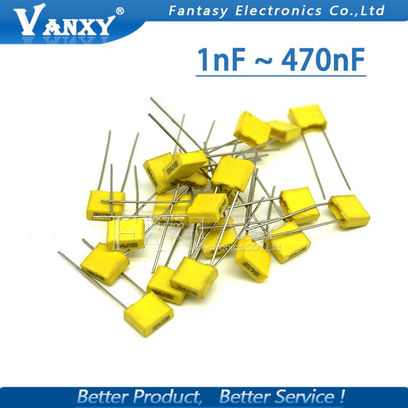 100pcs Polypropylene Safety Plastic Film 100V 1nF ~ 470nF 100nf 220nf 10nf 47nf 22nf 1nf 0.47uf 0.1uf Correction