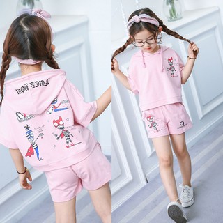 250 : เสื้อผ้าเด็ก พร้อมส่ง - ชุดเซ็ต 2 ชิ้น เสื้อ มีฮู้ด + กางเกงขาสั้นเข้าชุด โทนชมพู    (เสื้อแฟชั่น เด็กเล็ก เด็กโต)