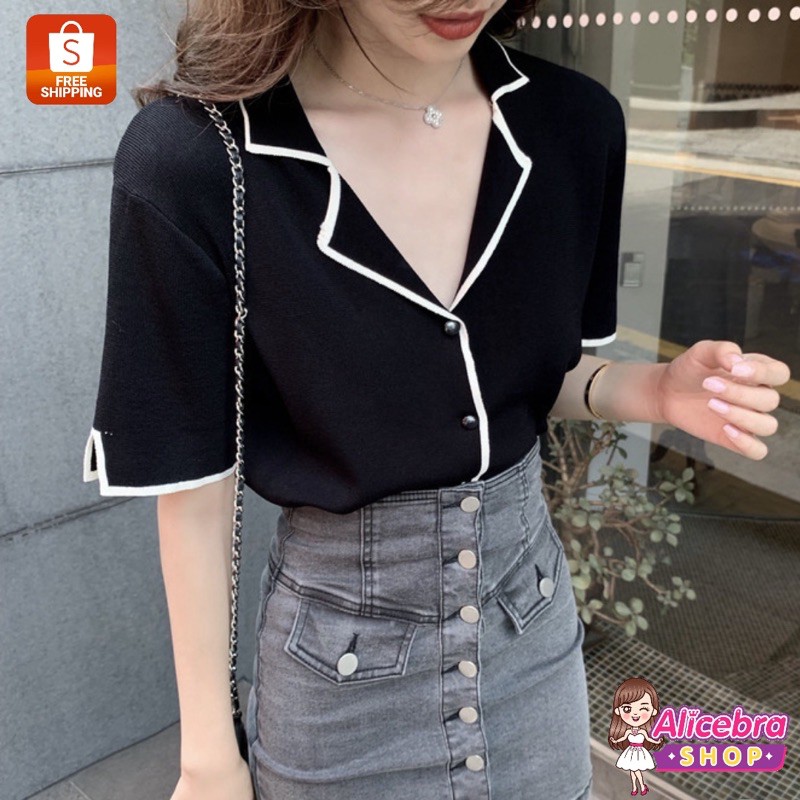 𝗔𝗟𝗜𝗖𝗘𝗕𝗥𝗔 พร้อมส่ง3สี!! เสื้อไหมพรมคอปก แขนสั้น กระดุมหน้า สุดน่ารักแบบใหม่