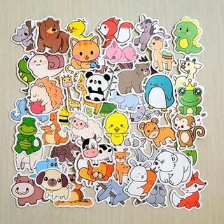 สติ๊กเกอร์ รูปสัตว์ ซาฟารี ช้าง ฮิปโป ติดแน่น กันน้ำ ติดของใช้ ของเล่น (50 ชิ้น) animal sticker