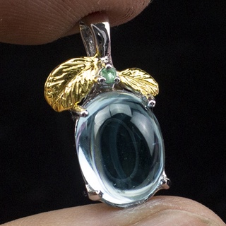 จี้พลอยบลูโทแพซ (Blue Topaz) เรือนเงินแท้92.5%ชุบทองคำขาว พลอยน้ำเงินอมสีฟ้าน้ำทะเลเข้ม