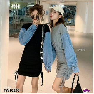 ✔เช็คสินค้าก่อนกดสั่งนะคะ✔ ชุดเดรสแขนยาวตัดต่อผ้ายีนส์