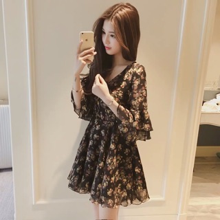 [พร้อมส่ง]💯💯 Chiffons Minidress มินิเดรสสั้นชีฟองลายดอก งานคิ้วท์ ป้ายเกาหลี