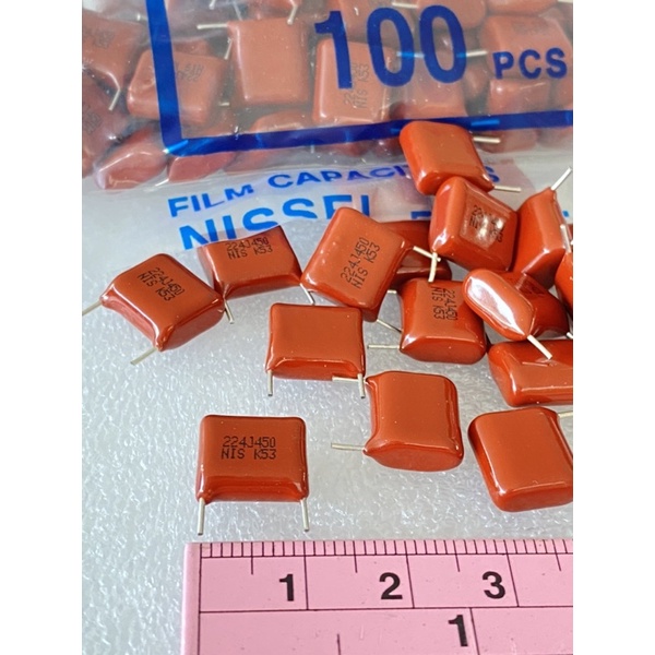 0.22UF 450V 224=220NF (แพ็ค10ตัว) Cไมล่าญี่ปุ่น ยี่ห้อ NISSEI ขาห่าง10มิล ขาสั้นจากโรงงาน แท้ใหม่แกะ