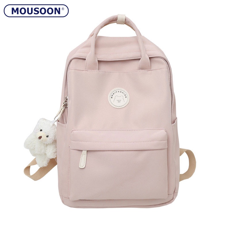 MOUSOON (ฟรีจี้หมี) กระเป๋าเป้สะพายหลังผู้หญิงความจุขนาดใหญ่สีทึบเรียบง่ายสบายๆกระเป๋านักเรียนนักเรียน